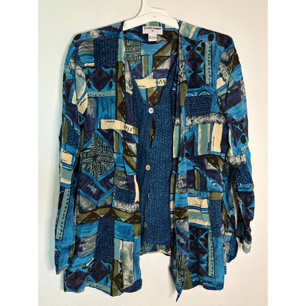 Alfred Dunner 100% Silk 2 Piece Set Blue Abstract Print Jacket Vest Womens 16